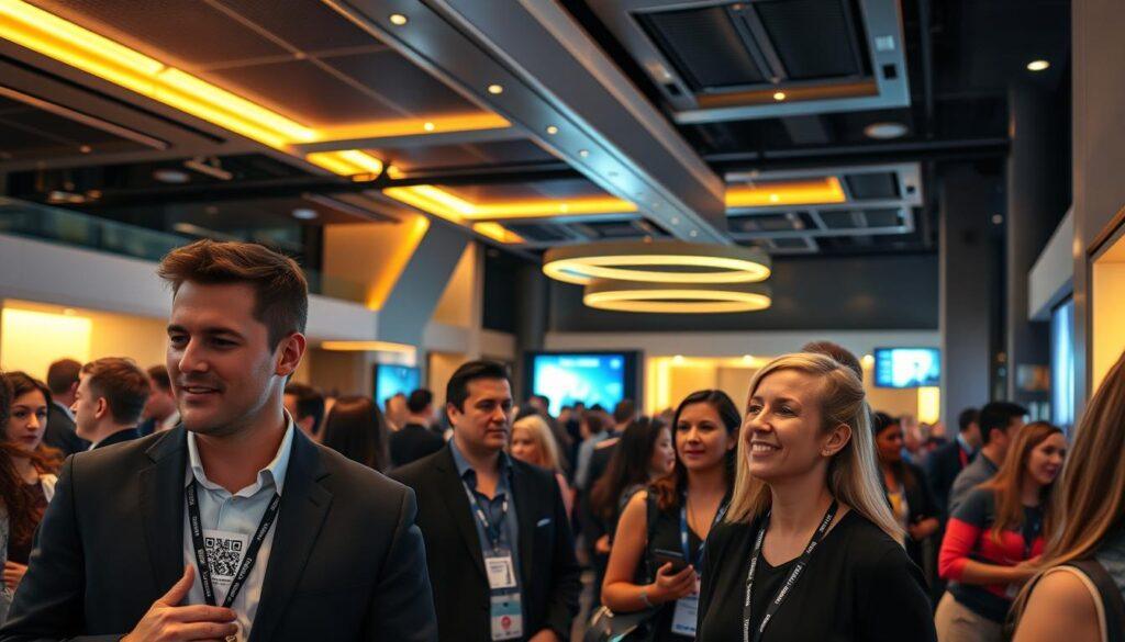 A bustling modern networking event, with attendees mingling in a sleek, well-lit venue. In the foreground, professionals sport crisp, minimalist QR code badges that gleam under the warm, ambient lighting. The middle ground features a diverse mix of people engaged in lively conversations, their faces animated and expressions inquisitive. In the background, the space is adorned with clean, geometric architectural elements and subtle digital displays, creating a technologically-infused, futuristic atmosphere. The overall scene conveys a sense of innovation, connectivity, and the evolution of professional networking in the digital age.