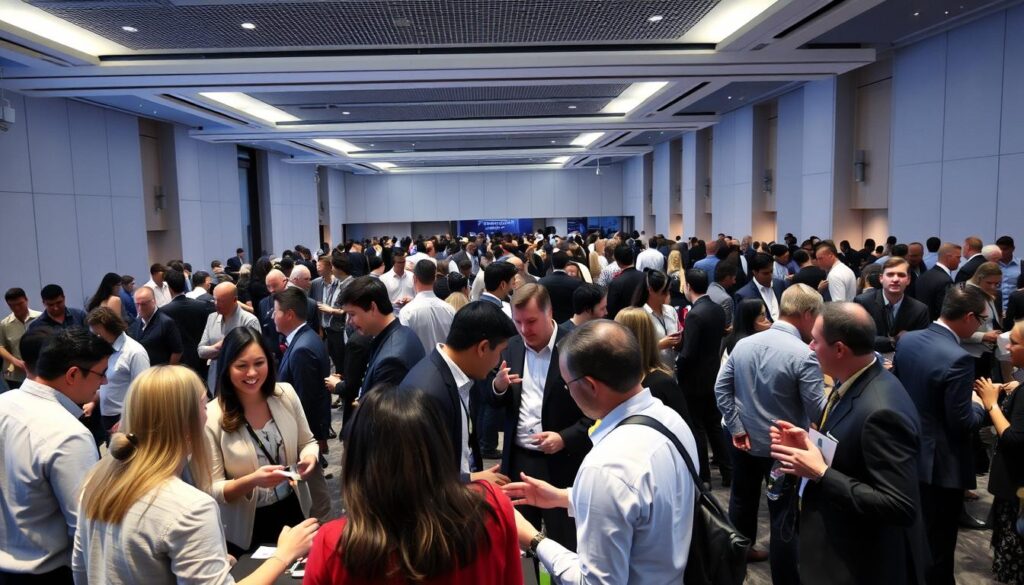 A bustling networking event in a modern conference hall, filled with professionals engaged in lively conversations. In the foreground, a group of people gathered around a table, exchanging business cards and shaking hands with warm smiles. The middle ground features individuals mingling and gesturing animatedly, creating an atmosphere of dynamic energy and connection. The background showcases sleek architectural details, muted lighting, and the hum of activity, all contributing to a sense of opportunity and potential. The scene is captured with a wide-angle lens, emphasizing the sense of scale and the vibrant, engaging nature of the event.