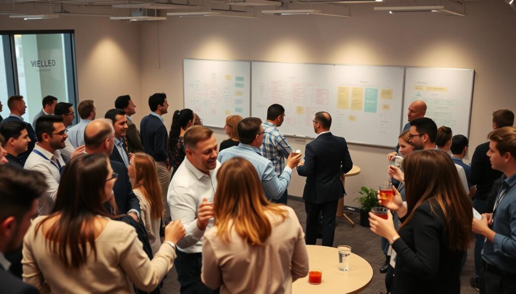 A bustling networking event in a modern office setting. In the foreground, professionals engage in animated discussions, gesturing with hands and exchanging business cards. In the middle ground, groups cluster around high-top tables, sipping drinks and exchanging ideas. In the background, a large whiteboard displays colorful diagrams and flowcharts, reflecting the strategic nature of the event. Soft, warm lighting casts a professional yet inviting glow, while the camera captures the scene from a slightly elevated angle, showcasing the energy and connectivity of the gathering.