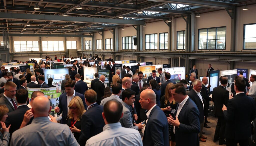 A bustling networking event in an industrial setting. In the foreground, professionals in business attire engaged in lively discussions, hands gesturing animatedly. In the middle ground, a mix of informal booths and displays showcasing various industry products and services. The background features a modern, minimalist architectural design with exposed beams and large windows, bathed in warm, diffused lighting that casts a welcoming glow. The overall atmosphere exudes a sense of collaboration, innovation, and a shared passion for the sector.
