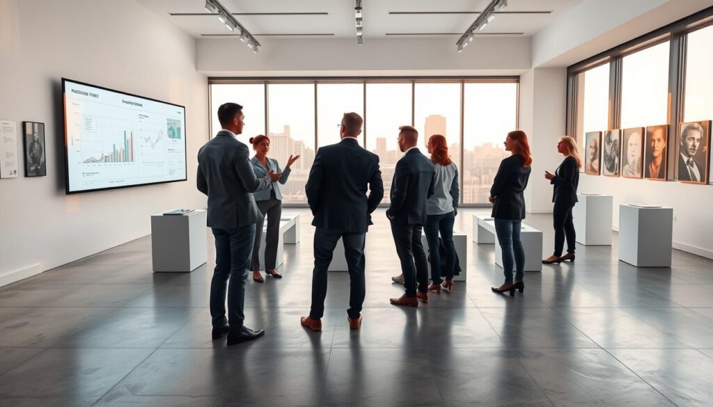 A contemporary art gallery interior with minimalist white walls and polished concrete floors. In the foreground, a group of business people discuss exhibition plans, gesturing towards a large projection screen displaying charts and graphs. The middle ground features sleek, modern display stands arranged in a strategic layout. In the background, full-length windows flood the space with warm, natural lighting, framing the cityscape outside. The overall mood is one of focused, collaborative planning, with a sense of professional sophistication and attention to detail. A contemporary art gallery interior with minimalist white walls and polished concrete floors. In the foreground, a group of business people discuss exhibition plans, gesturing towards a large projection screen displaying charts and graphs. The middle ground features sleek, modern display stands arranged in a strategic layout. In the background, full-length windows flood the space with warm, natural lighting, framing the cityscape outside. The overall mood is one of focused, collaborative planning, with a sense of professional sophistication and attention to detail.