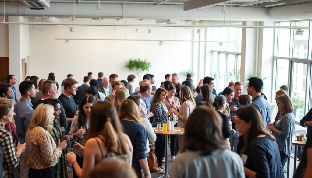 A diverse group of people engaged in lively conversation at a local community event, networking and exchanging ideas. The foreground depicts a mix of professionals, artists, and entrepreneurs mingling over drinks and hors d'oeuvres, their body language animated and welcoming. In the middle ground, people are clustered around small tables, collaborating on projects and exchanging business cards. The background features an open, airy event space with large windows, soft lighting, and modern, minimalist decor, creating a warm and inviting atmosphere conducive to authentic connections.