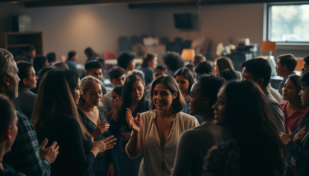 A diverse group of people gathered in a dimly lit community center, faces illuminated by soft, warm lighting. In the foreground, individuals are engaged in lively discussions, hands gesturing passionately. In the middle ground, a mix of introverted and extroverted personalities navigate the challenges of networking, some appearing hesitant, others radiating confidence. The background depicts a cluttered and disorganized space, with scattered chairs and tables, symbolizing the obstacles to effective community engagement. The overall atmosphere conveys a sense of tension and unease, underscoring the complexities of building connections within a diverse group.