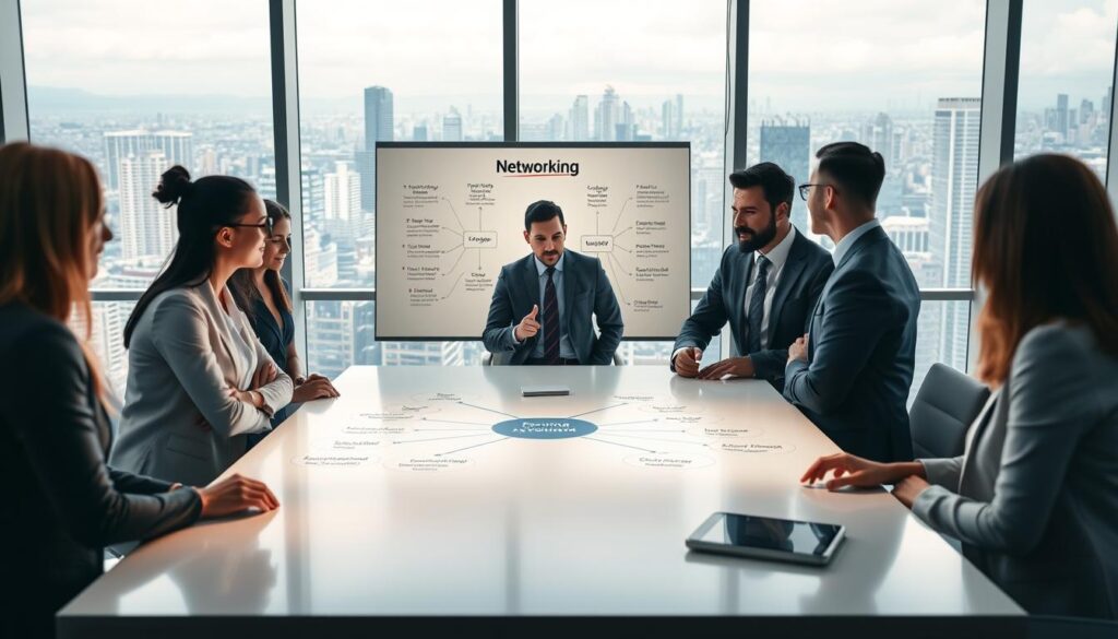 A professional networking strategy unfolds in a modern, well-lit office setting. In the foreground, a group of diverse business professionals engage in a lively discussion, their faces lit by the soft glow of a large conference table. The middle ground features a whiteboard with a visual mind map, outlining the key steps to develop a personalized networking plan. In the background, floor-to-ceiling windows offer a panoramic view of a bustling city skyline, symbolizing the vast professional opportunities that await. The atmosphere conveys a sense of collaboration, innovation, and forward momentum, inspiring the viewer to take charge of their own career growth. A professional networking strategy unfolds in a modern, well-lit office setting. In the foreground, a group of diverse business professionals engage in a lively discussion, their faces lit by the soft glow of a large conference table. The middle ground features a whiteboard with a visual mind map, outlining the key steps to develop a personalized networking plan. In the background, floor-to-ceiling windows offer a panoramic view of a bustling city skyline, symbolizing the vast professional opportunities that await. The atmosphere conveys a sense of collaboration, innovation, and forward momentum, inspiring the viewer to take charge of their own career growth.