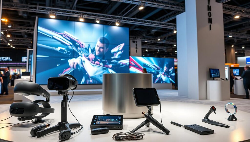 A professional trade show display with a sleek, modern aesthetic. In the foreground, an array of high-tech tools and gadgets - virtual reality headsets, touch-screen tablets, wireless microphones, and LED lighting fixtures. In the middle ground, a minimalist metal display podium with smooth, reflective surfaces. The background features a large, seamless video wall displaying dynamic, eye-catching visuals. Overhead, a carefully designed lighting rig casts a warm, focused glow across the scene, creating a sense of energy and anticipation. The overall atmosphere is one of cutting-edge technology, attention to detail, and a commitment to making a lasting impression on trade show attendees. A professional trade show display with a sleek, modern aesthetic. In the foreground, an array of high-tech tools and gadgets - virtual reality headsets, touch-screen tablets, wireless microphones, and LED lighting fixtures. In the middle ground, a minimalist metal display podium with smooth, reflective surfaces. The background features a large, seamless video wall displaying dynamic, eye-catching visuals. Overhead, a carefully designed lighting rig casts a warm, focused glow across the scene, creating a sense of energy and anticipation. The overall atmosphere is one of cutting-edge technology, attention to detail, and a commitment to making a lasting impression on trade show attendees.