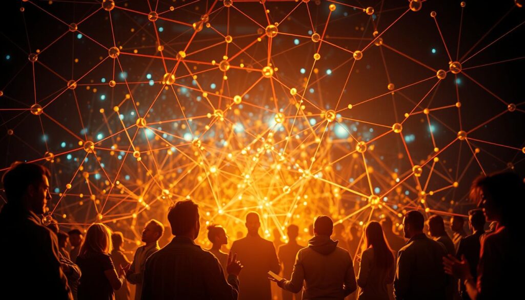 A vibrant network of interconnected nodes, each pulsing with dynamic energy. Diverse individuals navigate this intricate web, seamlessly adapting their strategies to the contextual landscape. Warm lighting illuminates the scene, casting a soft glow that invites exploration. In the foreground, figures engage in animated discussions, hands gesturing as they exchange ideas. The middle ground reveals a complex matrix of connections, lines weaving between nodes, forming a tapestry of collaboration. In the background, a sense of depth and perspective emerges, hinting at the vast potential of this ever-evolving ecosystem. The overall atmosphere conveys a harmonious balance between individual agency and collective synergy, a visual metaphor for the adaptive nature of personal networking strategies. A vibrant network of interconnected nodes, each pulsing with dynamic energy. Diverse individuals navigate this intricate web, seamlessly adapting their strategies to the contextual landscape. Warm lighting illuminates the scene, casting a soft glow that invites exploration. In the foreground, figures engage in animated discussions, hands gesturing as they exchange ideas. The middle ground reveals a complex matrix of connections, lines weaving between nodes, forming a tapestry of collaboration. In the background, a sense of depth and perspective emerges, hinting at the vast potential of this ever-evolving ecosystem. The overall atmosphere conveys a harmonious balance between individual agency and collective synergy, a visual metaphor for the adaptive nature of personal networking strategies.