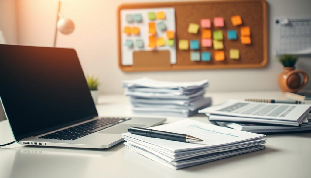 A well-organized desk with a laptop, stacks of neatly arranged documents, and a pen resting on a clean surface. The lighting is soft and warm, creating a focused and professional atmosphere. In the background, a corkboard with color-coded notes and a calendar, suggesting a carefully planned networking strategy. The overall composition conveys a sense of preparation, attention to detail, and a proactive mindset for targeted networking.