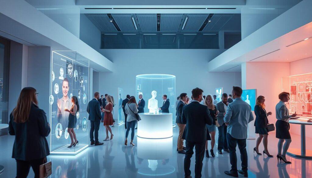 Innovative networking event of the future, showcased in a sleek, minimalist setting. Holographic displays and interactive AR installations fill the space, creating an immersive, futuristic atmosphere. Guests mingle effortlessly, their avatars appearing lifelike as they seamlessly connect across digital and physical realms. Soft, cool lighting casts an ethereal glow, complementing the clean, architectural design. Cutting-edge technology blends seamlessly with a serene, modern aesthetic, hinting at the boundless possibilities that lie ahead for the future of events and human interaction.