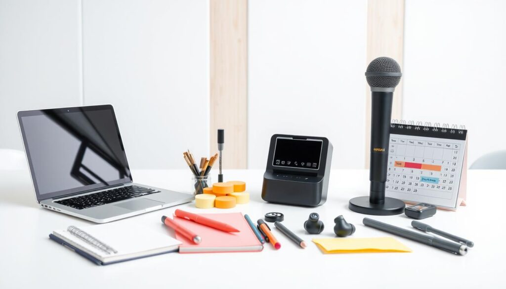 a detailed still life arrangement featuring an assortment of conference and event planning tools, set against a clean, minimalist white background. The foreground showcases a variety of office supplies and stationery, including a laptop, notebook, pens, highlighters, sticky notes, and a digital calendar. The middle ground features a sleek microphone, a wireless presentation clicker, and a set of wireless earbuds for virtual attendees. The background features a modern geometric conference room design with clean lines and hints of natural wood tones, creating a professional, productive atmosphere. The overall mood is one of organization, preparedness, and efficiency, reflecting the theme of "Essential Tools and Resources" for a successful conference. a detailed still life arrangement featuring an assortment of conference and event planning tools, set against a clean, minimalist white background. The foreground showcases a variety of office supplies and stationery, including a laptop, notebook, pens, highlighters, sticky notes, and a digital calendar. The middle ground features a sleek microphone, a wireless presentation clicker, and a set of wireless earbuds for virtual attendees. The background features a modern geometric conference room design with clean lines and hints of natural wood tones, creating a professional, productive atmosphere. The overall mood is one of organization, preparedness, and efficiency, reflecting the theme of "Essential Tools and Resources" for a successful conference.