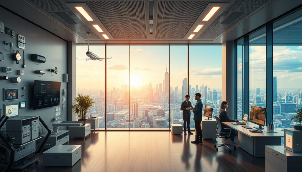 a highly detailed, cinematic, photorealistic render of cross-industry IoT applications in a modern, minimalist style. A foreground of various internet-connected devices, sensors, and smart home/office technologies seamlessly integrated into a sleek, futuristic interior design. The middle ground showcases people interacting with the IoT systems, demonstrating their practical uses across industries like healthcare, transportation, manufacturing, and retail. The background features a panoramic view of a vibrant, high-tech cityscape, with skyscrapers, autonomous vehicles, and other signs of a connected, digital world. Warm lighting, clean lines, and a sense of efficiency and innovation pervade the entire scene.