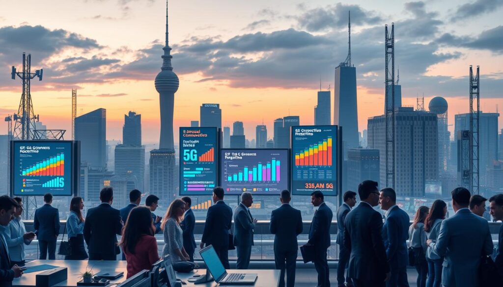 A futuristic cityscape showcasing 5G growth trends in 2024. In the foreground, a bustling tech hub with diverse professionals in business attire, engaged in discussions around advanced telecommunications devices. In the middle ground, sleek digital billboards display vibrant graphs and charts illustrating 5G growth metrics and IoT connections. The background features a skyline with towering buildings adorned with antennas and satellite dishes, emitting a soft glow against a twilight sky. Use dramatic lighting to emphasize the contrast between the urban landscape and the dynamic digital visuals. Capture the atmosphere of innovation and progress, reflecting a sense of excitement about the future of telecommunications. The angle should be slightly elevated, providing a panoramic view of the scene.