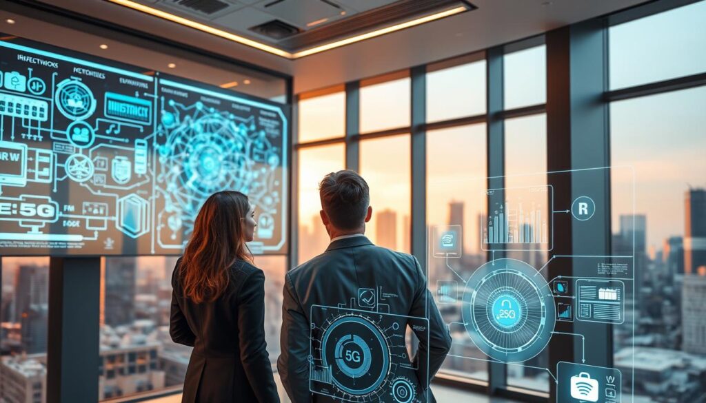 A futuristic office environment showcasing digital screens filled with complex data visualizations and telecommunications networks. In the foreground, a diverse group of three professionals in business attire are engaged in a discussion, pointing at innovative network schematics displayed on a large visual board. The middle ground features transparent holographic interfaces illustrating 5G networks, IoT devices, and AI analytics. The background consists of a sleek city skyline seen through large glass windows, bathed in warm, ambient lighting that creates an inviting atmosphere. Use a wide-angle lens to capture the dynamic interplay of technology and teamwork, conveying a mood of optimism and forward-thinking innovation.