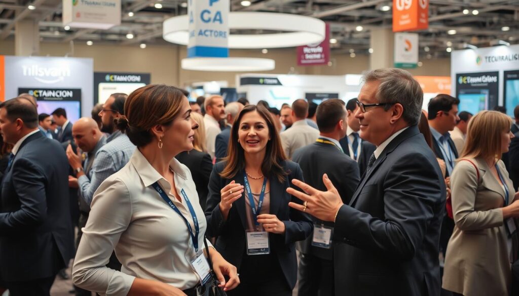 A bustling telecom conference scene featuring diverse industry leaders engaged in animated discussions. In the foreground, a group of three executives in professional business attire—two women and one man—are deep in conversation, gesturing enthusiastically. The middle ground showcases a diverse crowd of attendees, including men and women from various backgrounds, all dressed in smart attire, networking and exchanging insights. The background reveals modern conference booths with sleek technology displays and banners, adding vibrancy. Soft, natural lighting enhances the atmosphere, capturing a sense of collaboration and innovation. The camera angle is slightly elevated, offering a wide view of the dynamic event. The overall mood is energetic and inspiring, embodying the spirit of sharing knowledge in the telecom industry. A bustling telecom conference scene featuring diverse industry leaders engaged in animated discussions. In the foreground, a group of three executives in professional business attire—two women and one man—are deep in conversation, gesturing enthusiastically. The middle ground showcases a diverse crowd of attendees, including men and women from various backgrounds, all dressed in smart attire, networking and exchanging insights. The background reveals modern conference booths with sleek technology displays and banners, adding vibrancy. Soft, natural lighting enhances the atmosphere, capturing a sense of collaboration and innovation. The camera angle is slightly elevated, offering a wide view of the dynamic event. The overall mood is energetic and inspiring, embodying the spirit of sharing knowledge in the telecom industry.