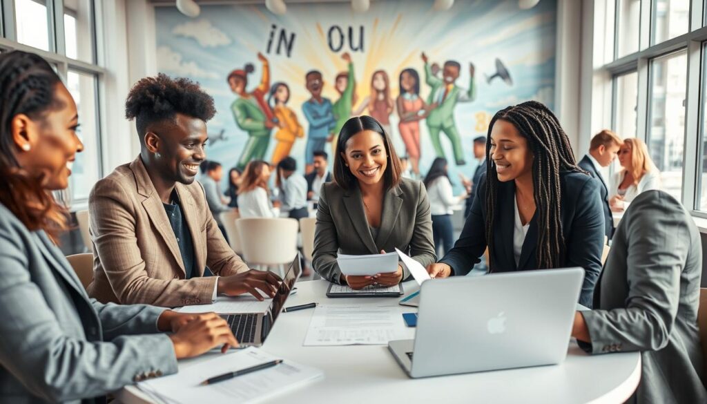 A diverse group of professionals engaged in networking activities indoors, showcasing a collaborative environment. In the foreground, three individuals of different ethnic backgrounds, dressed in professional business attire, share ideas over a round table filled with documents and laptops. In the middle ground, more groups of people engage in discussions, with some using digital devices. The background features an inspiring mural representing unity and diversity, with large windows letting in soft natural light, creating a warm and inviting atmosphere. The angle captures a wide view, emphasizing the dynamic interactions within the space. The mood is optimistic and energetic, highlighting the importance of inclusion in professional settings. A diverse group of professionals engaged in networking activities indoors, showcasing a collaborative environment. In the foreground, three individuals of different ethnic backgrounds, dressed in professional business attire, share ideas over a round table filled with documents and laptops. In the middle ground, more groups of people engage in discussions, with some using digital devices. The background features an inspiring mural representing unity and diversity, with large windows letting in soft natural light, creating a warm and inviting atmosphere. The angle captures a wide view, emphasizing the dynamic interactions within the space. The mood is optimistic and energetic, highlighting the importance of inclusion in professional settings.