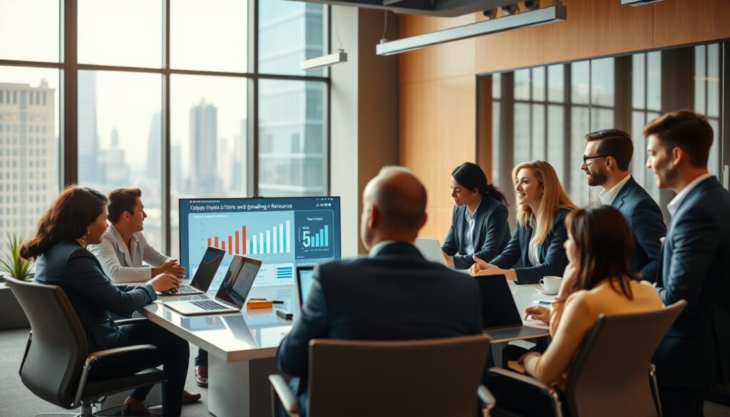 A dynamic and modern office environment focusing on telecom career advancement. In the foreground, a diverse group of professionals in smart business attire engage in a collaborative discussion around a sleek conference table filled with laptops and charts. The middle ground showcases an interactive screen displaying telecom-related growth metrics and skill-building resources. The background features tall windows allowing natural light to pour in, highlighting a cityscape that symbolizes the broad scope of opportunities in the telecom industry. The atmosphere is energetic and inspiring, fostering a sense of teamwork and ambition. Use soft, warm lighting to create an inviting ambiance, with a slight depth of field effect to emphasize the professionals while softly blurring the background. A dynamic and modern office environment focusing on telecom career advancement. In the foreground, a diverse group of professionals in smart business attire engage in a collaborative discussion around a sleek conference table filled with laptops and charts. The middle ground showcases an interactive screen displaying telecom-related growth metrics and skill-building resources. The background features tall windows allowing natural light to pour in, highlighting a cityscape that symbolizes the broad scope of opportunities in the telecom industry. The atmosphere is energetic and inspiring, fostering a sense of teamwork and ambition. Use soft, warm lighting to create an inviting ambiance, with a slight depth of field effect to emphasize the professionals while softly blurring the background.