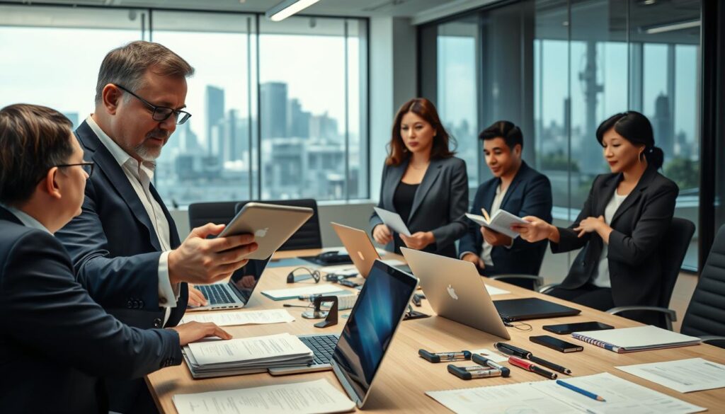 A dynamic boardroom scene showcasing a diverse group of telecom industry leaders engaged in a strategic discussion. In the foreground, a middle-aged man in a sharp navy suit passionately presents data on a tablet, gesturing confidently. Beside him, a woman of Asian descent in a professional blazer nods, taking notes. The middle ground features a large conference table littered with paperwork, laptops, and telecommunications equipment, all well-organized. In the background, a modern office with glass walls reveals a city skyline through the bright natural light, creating an inspiring atmosphere. The image is shot with a slight wide-angle lens to capture the collaborative spirit and innovation in the room, conveying a mood of determination and professionalism. Soft ambient lighting enhances the focus on the leaders, highlighting their expressions of insight and engagement. A dynamic boardroom scene showcasing a diverse group of telecom industry leaders engaged in a strategic discussion. In the foreground, a middle-aged man in a sharp navy suit passionately presents data on a tablet, gesturing confidently. Beside him, a woman of Asian descent in a professional blazer nods, taking notes. The middle ground features a large conference table littered with paperwork, laptops, and telecommunications equipment, all well-organized. In the background, a modern office with glass walls reveals a city skyline through the bright natural light, creating an inspiring atmosphere. The image is shot with a slight wide-angle lens to capture the collaborative spirit and innovation in the room, conveying a mood of determination and professionalism. Soft ambient lighting enhances the focus on the leaders, highlighting their expressions of insight and engagement.