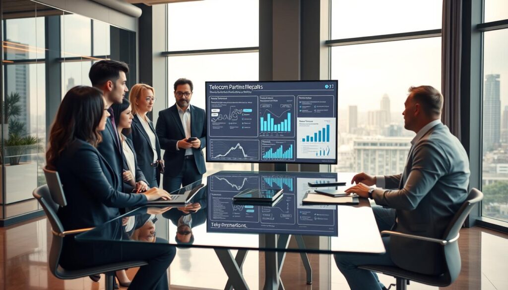 A dynamic business setting showcasing a successful case study of industry alliances in the telecom sector. In the foreground, a diverse group of professionals, dressed in smart business attire, engage in a collaborative discussion around a modern glass conference table with digital devices. The middle ground features a large screen displaying informative charts and graphs related to telecom partnerships. In the background, an elegant office with large windows letting in natural light, revealing a city skyline. Soft, warm lighting fills the room, creating an atmosphere of innovation and teamwork. The scene captures the essence of successful collaboration, emphasizing unity and strategic insights. The composition highlights the importance of partnerships in achieving success in the telecom industry.