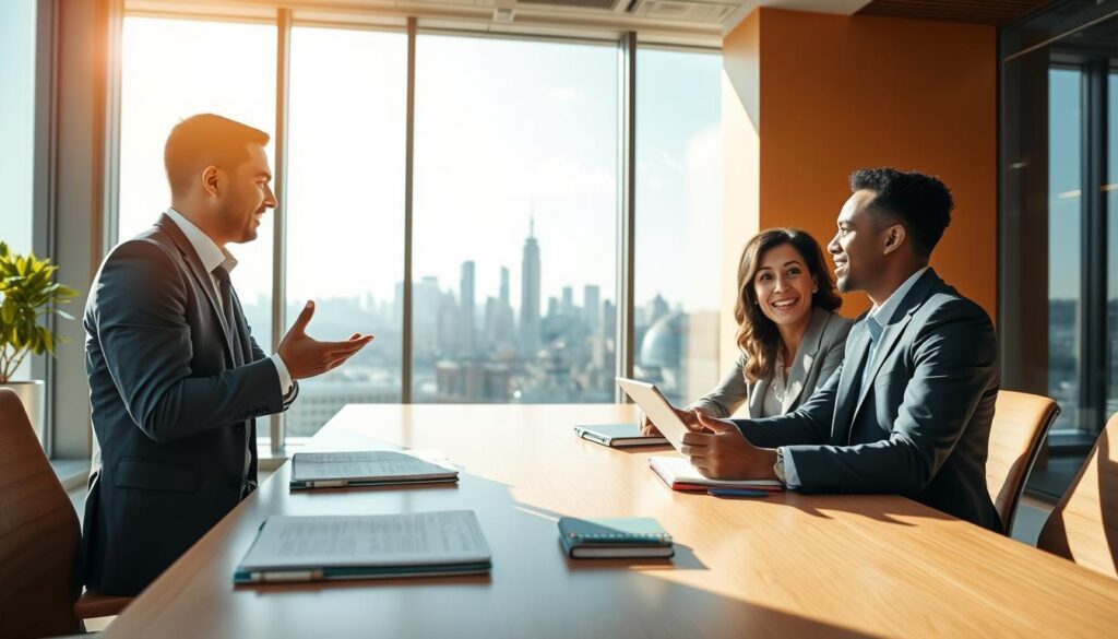 A dynamic office environment with two professionals engaged in a mentorship discussion. In the foreground, a diverse pair is seated at a modern conference table, one mentor in a sharp business suit and the mentee in smart casual attire. They are animatedly exchanging ideas, with open notebooks and digital devices spread out in front of them. The middle ground features large windows allowing natural light to pour in, creating a warm and inviting atmosphere. In the background, a city skyline can be seen, symbolizing the telecom industry and the vast opportunities it offers. Warm colors dominate the scene, conveying a sense of collaboration and professional growth. The image is captured with a slightly elevated angle to emphasize the interaction between mentor and mentee, enhancing the focus on their connection. A dynamic office environment with two professionals engaged in a mentorship discussion. In the foreground, a diverse pair is seated at a modern conference table, one mentor in a sharp business suit and the mentee in smart casual attire. They are animatedly exchanging ideas, with open notebooks and digital devices spread out in front of them. The middle ground features large windows allowing natural light to pour in, creating a warm and inviting atmosphere. In the background, a city skyline can be seen, symbolizing the telecom industry and the vast opportunities it offers. Warm colors dominate the scene, conveying a sense of collaboration and professional growth. The image is captured with a slightly elevated angle to emphasize the interaction between mentor and mentee, enhancing the focus on their connection.