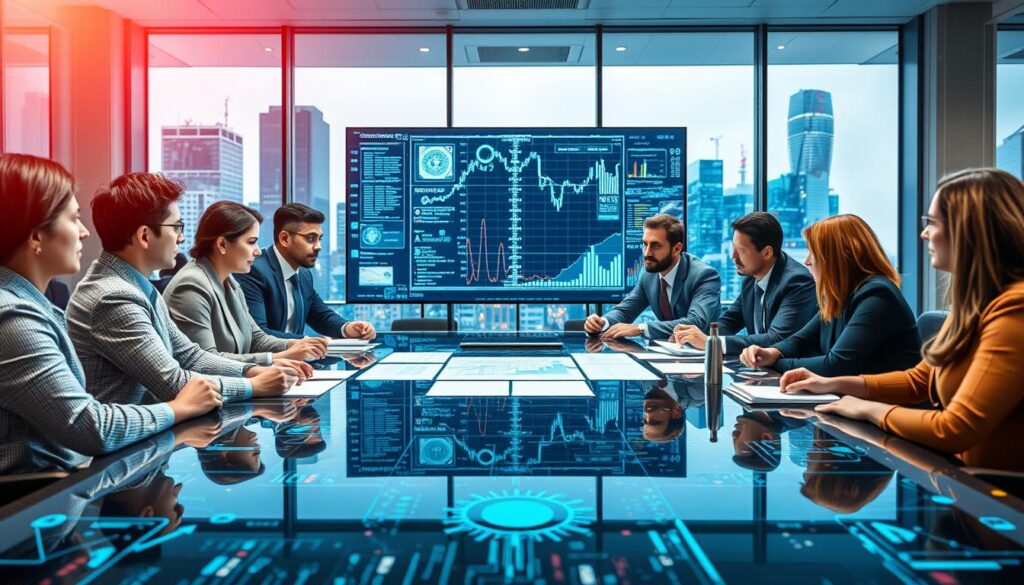 A dynamic scene capturing leadership skills in telecom crisis management. In the foreground, a diverse group of telecommunications professionals in smart business attire, actively discussing a crisis response plan around a high-tech conference table. In the middle, a large digital screen displays real-time data analytics and communication lines, illustrating a telecom network under stress. The background features glass windows showing a bustling city skyline, symbolizing the urgency of the crisis. The lighting is bright and focused, creating a sense of clarity and urgency. The atmosphere is tense yet collaborative, emphasizing mutual support and strategic thinking among team members, showcasing their commitment to effective leadership in high-pressure situations. A dynamic scene capturing leadership skills in telecom crisis management. In the foreground, a diverse group of telecommunications professionals in smart business attire, actively discussing a crisis response plan around a high-tech conference table. In the middle, a large digital screen displays real-time data analytics and communication lines, illustrating a telecom network under stress. The background features glass windows showing a bustling city skyline, symbolizing the urgency of the crisis. The lighting is bright and focused, creating a sense of clarity and urgency. The atmosphere is tense yet collaborative, emphasizing mutual support and strategic thinking among team members, showcasing their commitment to effective leadership in high-pressure situations.
