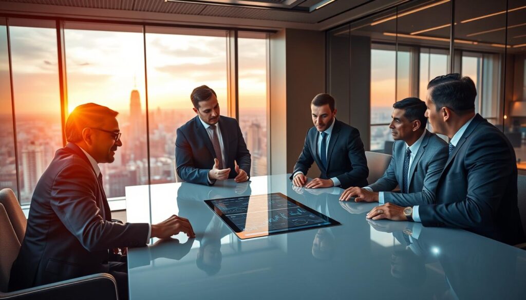 A group of diverse telecom CEOs engaged in a candid discussion around a sleek, modern conference table, conveying a sense of leadership and innovation. The foreground features three professionals in well-tailored business suits, representing different ethnic backgrounds, deeply focusing on a digital tablet displaying network graphs. The middle ground showcases a high-tech, glass-walled meeting room adorned with elegant decor and subtle lighting, emphasizing a contemporary corporate atmosphere. In the background, a panoramic view of a bustling city skyline through large windows, illuminated by the setting sun, projecting an inspiring glow. The overall mood is one of collaboration and strategic foresight, highlighting the transformative role of telecom leaders in network evolution.