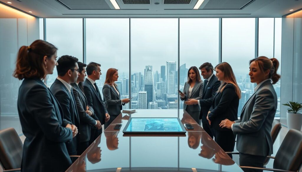 A modern and sleek executive conference room, bustling with high-ranking telecom leaders in professional business attire. In the foreground, a diverse group of executives is engaged in a strategic discussion around a digital tablet displaying network innovations. The middle ground features a large glass window showcasing a city skyline, symbolizing connectivity and growth. High-tech visuals of network graphs and data flow are subtly overlaid on the glass. The background displays minimalist furnishings and ambient lighting that creates a focused atmosphere. The scene is captured with a focal length of 50mm, emphasizing the executives while maintaining clarity of the background, evoking a mood of collaboration and forward-thinking energy in the telecom industry.