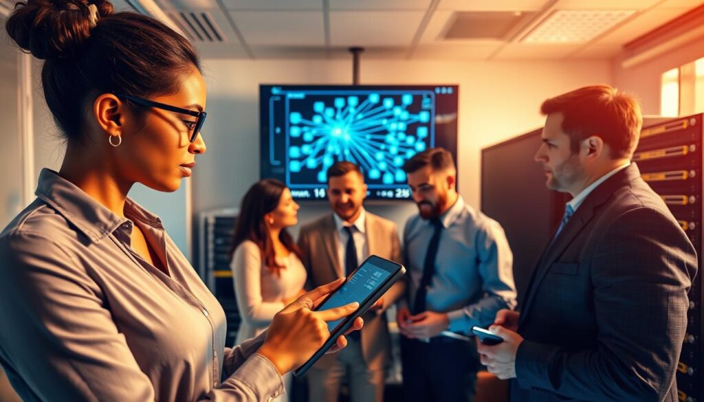 A modern telecommunications office setting, featuring a diverse group of professionals in business attire collaborating over a large digital networking diagram displayed on a screen. In the foreground, a focused woman points to specific connections on a tablet, while in the background, two men discuss certification courses, surrounded by tech equipment like routers and servers. The lighting is bright and warm, creating a motivating atmosphere, with soft shadows that add depth. Use a wide-angle lens to capture the bustling environment, evoking a sense of teamwork and career progression in the telecom industry. The overall mood is energetic and forward-thinking, emphasizing the importance of networking through certification. A modern telecommunications office setting, featuring a diverse group of professionals in business attire collaborating over a large digital networking diagram displayed on a screen. In the foreground, a focused woman points to specific connections on a tablet, while in the background, two men discuss certification courses, surrounded by tech equipment like routers and servers. The lighting is bright and warm, creating a motivating atmosphere, with soft shadows that add depth. Use a wide-angle lens to capture the bustling environment, evoking a sense of teamwork and career progression in the telecom industry. The overall mood is energetic and forward-thinking, emphasizing the importance of networking through certification.