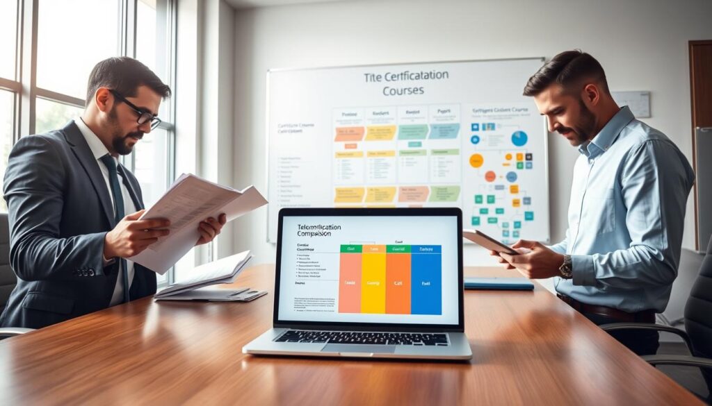 A professional and vibrant office environment showcasing a telecom certification comparison. In the foreground, a sleek, modern desk features an open laptop displaying certification course details and comparison charts. To the left, a person in business attire reviews documents with a focused expression, while to the right, another individual analyzes data on a tablet. In the middle, a large, informative whiteboard visually depicts certification course categories with colorful graphics and flowcharts. The background features large windows allowing natural light to flood in, enhancing a productive atmosphere. The lighting is bright yet soft, creating an inviting mood that emphasizes professionalism and opportunity. The composition is shot from a slightly elevated angle, giving a comprehensive view of the workspace and the engaged individuals. A professional and vibrant office environment showcasing a telecom certification comparison. In the foreground, a sleek, modern desk features an open laptop displaying certification course details and comparison charts. To the left, a person in business attire reviews documents with a focused expression, while to the right, another individual analyzes data on a tablet. In the middle, a large, informative whiteboard visually depicts certification course categories with colorful graphics and flowcharts. The background features large windows allowing natural light to flood in, enhancing a productive atmosphere. The lighting is bright yet soft, creating an inviting mood that emphasizes professionalism and opportunity. The composition is shot from a slightly elevated angle, giving a comprehensive view of the workspace and the engaged individuals.