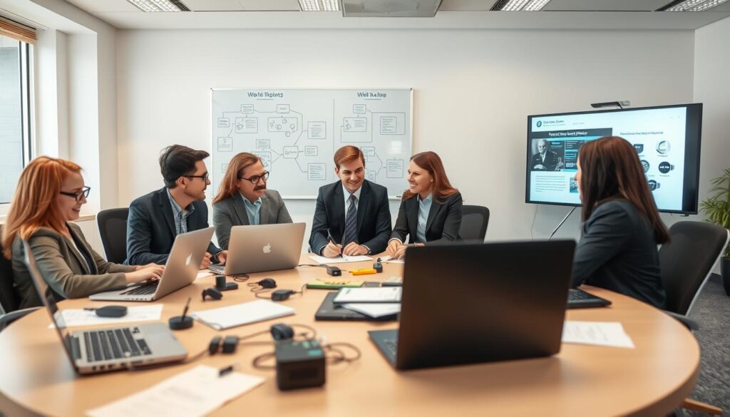 A professional telecom training workshop setting, featuring an engaging environment with a diverse group of five attendees in business attire. Foreground: a round table with laptops, telecommunication devices, and training materials spread out, showing a collaborative atmosphere. Middle: enthusiastic participants engaged in discussion, taking notes, and exchanging ideas, displaying their proactive approach to skill-building. Background: a bright, modern conference room with a whiteboard displaying diagrams of network structures and a large screen showcasing workshop topics. Soft, natural lighting enhances the welcoming mood, while a slight depth of field emphasizes the interaction between participants. Angle captured from a slightly elevated perspective, creating a dynamic view of the workshop environment. Overall, the image exudes a sense of professionalism, learning, and teamwork in the telecom industry. A professional telecom training workshop setting, featuring an engaging environment with a diverse group of five attendees in business attire. Foreground: a round table with laptops, telecommunication devices, and training materials spread out, showing a collaborative atmosphere. Middle: enthusiastic participants engaged in discussion, taking notes, and exchanging ideas, displaying their proactive approach to skill-building. Background: a bright, modern conference room with a whiteboard displaying diagrams of network structures and a large screen showcasing workshop topics. Soft, natural lighting enhances the welcoming mood, while a slight depth of field emphasizes the interaction between participants. Angle captured from a slightly elevated perspective, creating a dynamic view of the workshop environment. Overall, the image exudes a sense of professionalism, learning, and teamwork in the telecom industry.
