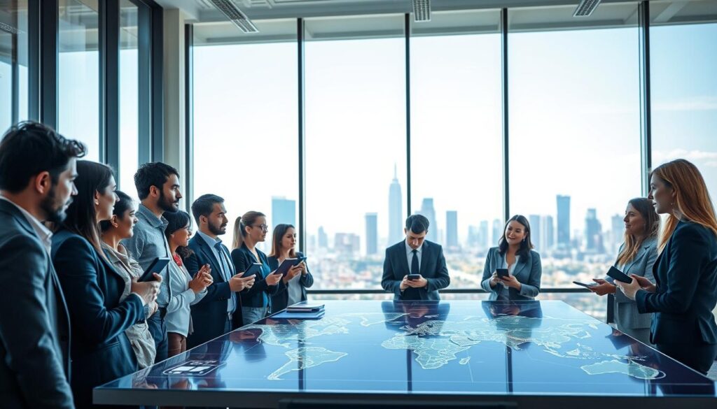 A vibrant and dynamic office environment depicting regional networking and career growth in the telecom sector. In the foreground, a diverse group of professionals in business attire—men and women of various ethnicities—engaged in animated discussion, sharing ideas with digital devices in hand. The middle ground features a large conference table with interactive displays and maps highlighting regional connectivity, symbolizing networking opportunities. In the background, tall windows reveal a city skyline under a clear blue sky, with light streaming in, creating an optimistic atmosphere. Soft focus on the background to emphasize the engaged group in the foreground, enhancing a sense of collaboration and growth. The overall mood is inspiring and forward-looking, embodying the spirit of mentorship and professional development. A vibrant and dynamic office environment depicting regional networking and career growth in the telecom sector. In the foreground, a diverse group of professionals in business attire—men and women of various ethnicities—engaged in animated discussion, sharing ideas with digital devices in hand. The middle ground features a large conference table with interactive displays and maps highlighting regional connectivity, symbolizing networking opportunities. In the background, tall windows reveal a city skyline under a clear blue sky, with light streaming in, creating an optimistic atmosphere. Soft focus on the background to emphasize the engaged group in the foreground, enhancing a sense of collaboration and growth. The overall mood is inspiring and forward-looking, embodying the spirit of mentorship and professional development.