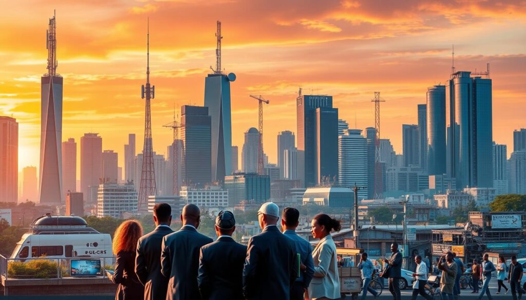 A vibrant city skyline representing emerging telecommunications hubs in Africa, Asia, and LATAM, featuring sleek modern skyscrapers with antennas and satellite dishes. In the foreground, a diverse group of professionals in business attire engages in discussion, with laptops and mobile devices showcasing digital connectivity. The middle ground includes bustling street scenes demonstrating mobile usage among local citizens and small businesses. The background reveals a sunset sky with colorful hues of orange and purple, symbolizing growth and opportunity. Soft, warm lighting enhances the overall atmosphere of innovation and progress, while a wide-angle lens captures the dynamic interaction of technology and community. The image reflects optimism and the future of telecom expansion in emerging markets. A vibrant city skyline representing emerging telecommunications hubs in Africa, Asia, and LATAM, featuring sleek modern skyscrapers with antennas and satellite dishes. In the foreground, a diverse group of professionals in business attire engages in discussion, with laptops and mobile devices showcasing digital connectivity. The middle ground includes bustling street scenes demonstrating mobile usage among local citizens and small businesses. The background reveals a sunset sky with colorful hues of orange and purple, symbolizing growth and opportunity. Soft, warm lighting enhances the overall atmosphere of innovation and progress, while a wide-angle lens captures the dynamic interaction of technology and community. The image reflects optimism and the future of telecom expansion in emerging markets.