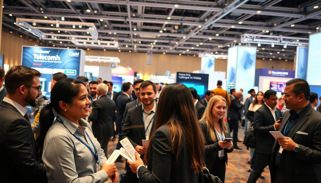 A vibrant conference scene focused on telecom networking, capturing professionals engaged in conversations and exchanging ideas. In the foreground, a diverse group of individuals in professional business attire are shaking hands and sharing business cards, displaying expressions of enthusiasm and connection. The middle ground features sleek display booths with cutting-edge telecom technology, while elegantly designed banners highlight innovations. The background shows a spacious hall bustling with industry attendees, soft ambient lighting creating an inviting atmosphere that encourages collaboration. A wide-angle perspective emphasizes the scale of the event, while warm light enhances the sense of camaraderie and networking energy. A vibrant conference scene focused on telecom networking, capturing professionals engaged in conversations and exchanging ideas. In the foreground, a diverse group of individuals in professional business attire are shaking hands and sharing business cards, displaying expressions of enthusiasm and connection. The middle ground features sleek display booths with cutting-edge telecom technology, while elegantly designed banners highlight innovations. The background shows a spacious hall bustling with industry attendees, soft ambient lighting creating an inviting atmosphere that encourages collaboration. A wide-angle perspective emphasizes the scale of the event, while warm light enhances the sense of camaraderie and networking energy.