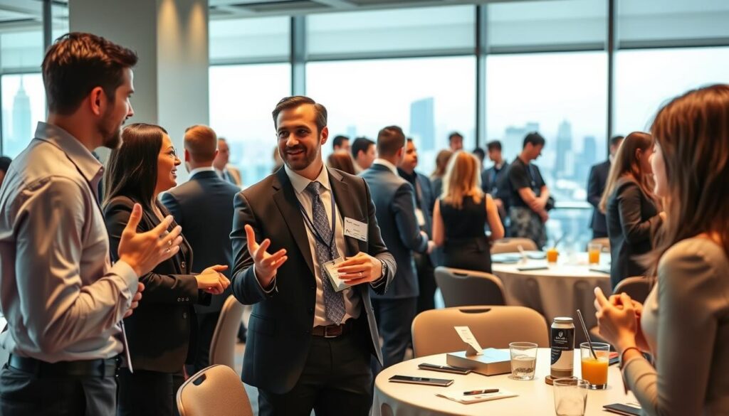A vibrant networking event set in a modern corporate environment, showcasing diverse professionals engaged in discussions and exchanging ideas. In the foreground, a group of three individuals in professional business attire—two men and one woman—are animatedly talking, with one person gesturing passionately. In the middle, a larger gathering of attendees mingle around elegant round tables adorned with name tags and refreshments. Background features a large window with a cityscape view, where natural light floods the room, creating a warm and inviting atmosphere. The mood is energetic and collaborative, highlighting the importance of connections in career advancement within the telecom industry. The focus is sharp on the individuals while softly blurring the background to emphasize interaction.