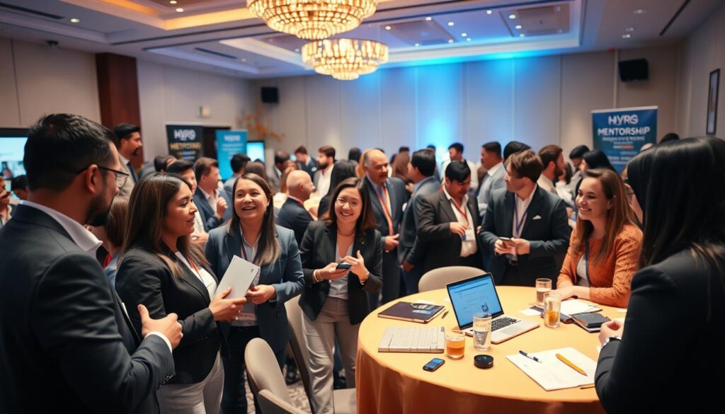 A vibrant networking event setting focused on professional mentorship. In the foreground, a diverse group of men and women in business attire engaged in animated discussions, exchanging ideas and contact information. The middle layer features round tables with laptops, notebooks, and refreshments, where participants collaborate and share experiences. In the background, soft decorative lighting enhances the atmosphere, with banners displaying themes of mentorship and connection. The scene is warm and inviting, with people laughing and making eye contact, reflecting a sense of community and enthusiasm. Shot with a wide-angle lens to capture the depth of interaction, with a slight blur on the background to emphasize the focus on the foreground conversations. A vibrant networking event setting focused on professional mentorship. In the foreground, a diverse group of men and women in business attire engaged in animated discussions, exchanging ideas and contact information. The middle layer features round tables with laptops, notebooks, and refreshments, where participants collaborate and share experiences. In the background, soft decorative lighting enhances the atmosphere, with banners displaying themes of mentorship and connection. The scene is warm and inviting, with people laughing and making eye contact, reflecting a sense of community and enthusiasm. Shot with a wide-angle lens to capture the depth of interaction, with a slight blur on the background to emphasize the focus on the foreground conversations.