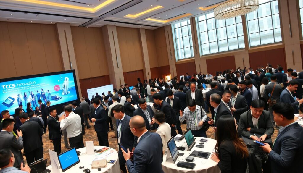 A vibrant telecom networking event unfolds in a modern conference hall. In the foreground, engaged professionals in business attire converse animatedly, exchanging ideas over networking tables filled with promotional materials and high-tech gadgets. The middle ground features a large display screen showcasing telecom innovations, while groups of attendees collaborate in clusters, some holding digital devices. The background reveals an elegant, spacious hall with large windows flooding the space with natural light, accentuating a sense of openness and opportunity. The ambiance is energetic yet professional, capturing a spirit of connection and collaboration, ideal for fostering industry insights in emerging telecom hubs. The image is shot with a wide-angle lens to encompass the lively atmosphere. A vibrant telecom networking event unfolds in a modern conference hall. In the foreground, engaged professionals in business attire converse animatedly, exchanging ideas over networking tables filled with promotional materials and high-tech gadgets. The middle ground features a large display screen showcasing telecom innovations, while groups of attendees collaborate in clusters, some holding digital devices. The background reveals an elegant, spacious hall with large windows flooding the space with natural light, accentuating a sense of openness and opportunity. The ambiance is energetic yet professional, capturing a spirit of connection and collaboration, ideal for fostering industry insights in emerging telecom hubs. The image is shot with a wide-angle lens to encompass the lively atmosphere.
