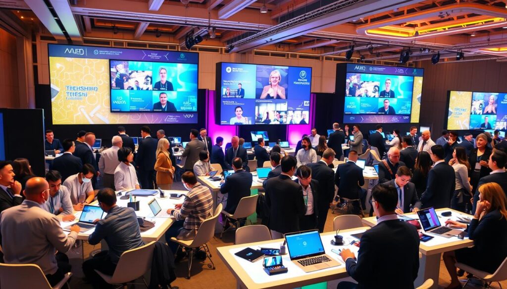 A bustling hybrid event networking platform in a modern conference setting, featuring both in-person and virtual participants. In the foreground, a diverse group of professionals in business attire engages in discussions around sleek, high-tech tables with laptops and digital displays. In the middle ground, large screens showcase live streaming feeds from remote speakers, emphasizing the connection between physical and virtual attendees. The background features bright, colorful banners with tech-themed designs, and futuristic lighting enhances the energetic atmosphere. The scene is captured from a wide-angle perspective, showcasing the vibrant dynamics of the event, with a warm and inviting mood that encourages collaboration and idea-sharing.
