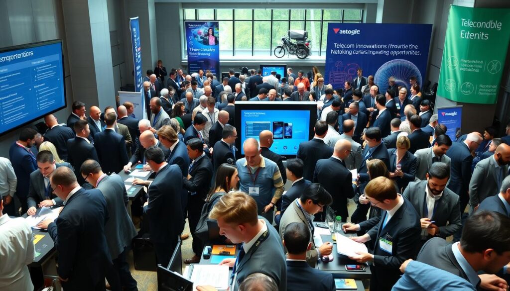 A bustling telecommunications conference registration area filled with engaged attendees. In the foreground, diverse professionals in business attire interact at registration desks, some completing forms and others receiving badges. The middle of the scene features a sleek digital display board showing the event schedule and highlights. To the background, large banners showcasing telecom innovations and networking opportunities are visible. Bright, natural lighting illuminates the space, creating an inviting atmosphere. The composition is captured from a slightly elevated angle, giving a comprehensive view of the excitement and professionalism of the onboarding process. The mood is vibrant and dynamic, emphasizing the energy of networking and collaboration in the telecommunications industry. A bustling telecommunications conference registration area filled with engaged attendees. In the foreground, diverse professionals in business attire interact at registration desks, some completing forms and others receiving badges. The middle of the scene features a sleek digital display board showing the event schedule and highlights. To the background, large banners showcasing telecom innovations and networking opportunities are visible. Bright, natural lighting illuminates the space, creating an inviting atmosphere. The composition is captured from a slightly elevated angle, giving a comprehensive view of the excitement and professionalism of the onboarding process. The mood is vibrant and dynamic, emphasizing the energy of networking and collaboration in the telecommunications industry.