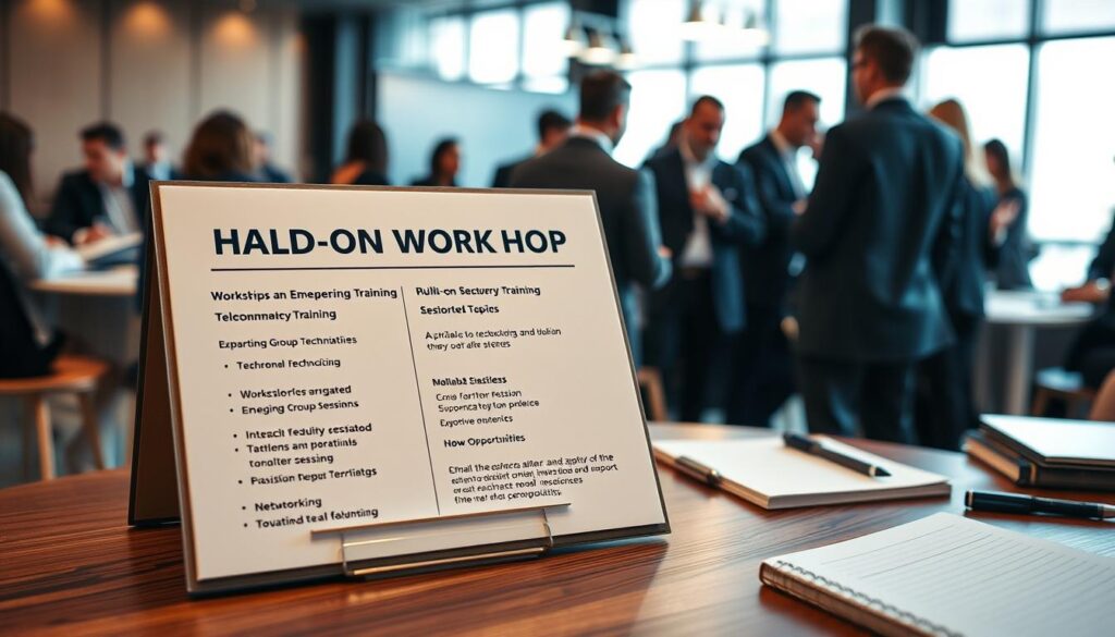 A close-up view of a hands-on workshop event agenda, displayed prominently on a stylish wooden table. The agenda features meticulously organized session topics related to telecommunications training, including workshops on emerging technologies, interactive group sessions, and networking opportunities. Surrounding the agenda are high-quality tools and materials like notebooks, pens, and laptops, emphasizing a collaborative atmosphere. In the background, soft, natural lighting illuminates a modern conference room filled with professional participants, dressed in business casual attire, discussing and engaging in the sessions. Capture this scene from a slightly elevated angle to enhance depth, creating an inviting and productive mood that highlights the importance of workshops in advancing telecommunications knowledge. A close-up view of a hands-on workshop event agenda, displayed prominently on a stylish wooden table. The agenda features meticulously organized session topics related to telecommunications training, including workshops on emerging technologies, interactive group sessions, and networking opportunities. Surrounding the agenda are high-quality tools and materials like notebooks, pens, and laptops, emphasizing a collaborative atmosphere. In the background, soft, natural lighting illuminates a modern conference room filled with professional participants, dressed in business casual attire, discussing and engaging in the sessions. Capture this scene from a slightly elevated angle to enhance depth, creating an inviting and productive mood that highlights the importance of workshops in advancing telecommunications knowledge.