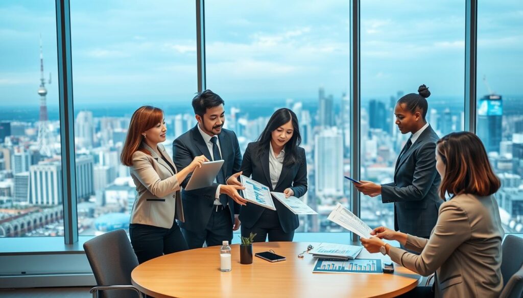 A dynamic business meeting scene set in a modern conference room, showcasing diverse professionals in formal business attire. In the foreground, a woman and a man are engaged in an animated discussion, pointing at a tablet displaying graphs and event plans. The middle ground features a round table surrounded by two more colleagues reviewing documents and exchanging ideas. The background showcases a large window with a panoramic view of a city skyline, filled with telecommunications towers and digital billboards. Soft, natural lighting floods the room, creating a welcoming atmosphere. The image captures the essence of strategic partnership planning for industry events, emphasizing collaboration, professionalism, and innovation. Use a slightly elevated angle to capture the entire scene cohesively.