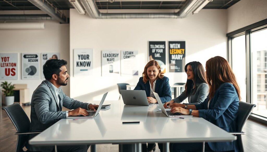 A dynamic scene of telecom industry leaders engaged in a coaching session. In the foreground, a diverse group of three professional coaches, one male and two female, are dressed in smart business attire. They are seated around a sleek conference table, laptops and notepads in front of them, actively discussing strategies and leadership growth. The middle ground features an open office space with large windows allowing natural light to flood the room, casting soft shadows. In the background, motivational posters related to leadership and innovation can be seen on the walls. The mood is collaborative and inspiring, evoking a sense of professionalism and growth. The angle is slightly elevated, offering a comprehensive view of the coaching session. A dynamic scene of telecom industry leaders engaged in a coaching session. In the foreground, a diverse group of three professional coaches, one male and two female, are dressed in smart business attire. They are seated around a sleek conference table, laptops and notepads in front of them, actively discussing strategies and leadership growth. The middle ground features an open office space with large windows allowing natural light to flood the room, casting soft shadows. In the background, motivational posters related to leadership and innovation can be seen on the walls. The mood is collaborative and inspiring, evoking a sense of professionalism and growth. The angle is slightly elevated, offering a comprehensive view of the coaching session.
