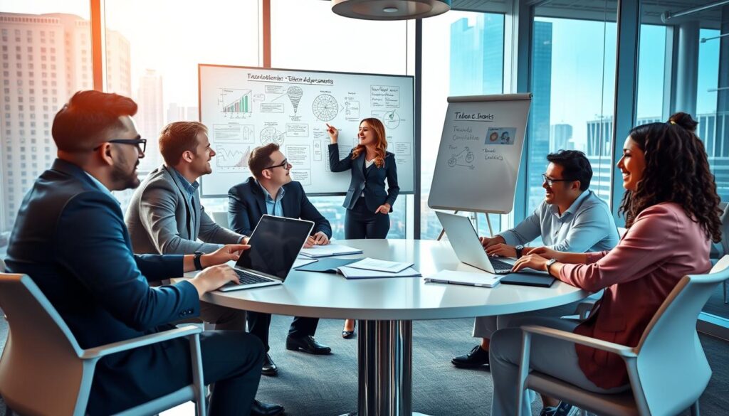 A group of telecom professionals engaged in a lively workshop about continuing education and skill-building, set in a modern conference room. In the foreground, a diverse group of four professionals, two men and two women, are attentively discussing while sitting at a sleek round table with laptops and notepads in front of them. The middle ground features a whiteboard filled with diagrams and charts relevant to telecom advancements, with one professional, a woman in business attire, standing and pointing to it. The background shows large windows with natural light streaming in, illuminating a busy cityscape outside. The atmosphere is dynamic and focused, conveying a sense of collaboration and innovation. Bright lighting, a wide-angle view to capture the full scene, and a vibrant color palette enhance the professional ambience.