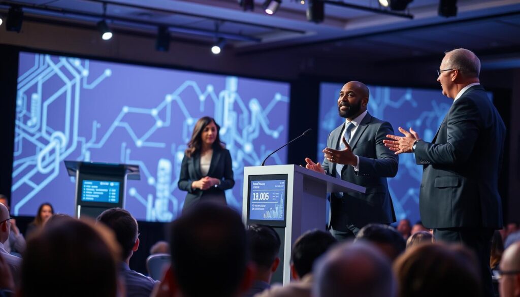 A modern conference stage set up for a telecommunications keynote, featuring three C-Level executives engaged in a lively discussion. In the foreground, two leaders, a female Asian executive and a male Black executive, are animatedly exchanging ideas, dressed in professional business attire. The middle ground showcases a sleek, high-tech podium with a digital display showing telecommunications data. The audience is visible in the background, captivated by the speakers, illuminated by soft, focused lighting that highlights their expressions. A large screen behind the executives features abstract telecommunications graphics. The atmosphere is vibrant and engaging, conveying the excitement of innovation in the telecom industry, captured from a slightly elevated angle to emphasize the stage's dynamics. A modern conference stage set up for a telecommunications keynote, featuring three C-Level executives engaged in a lively discussion. In the foreground, two leaders, a female Asian executive and a male Black executive, are animatedly exchanging ideas, dressed in professional business attire. The middle ground showcases a sleek, high-tech podium with a digital display showing telecommunications data. The audience is visible in the background, captivated by the speakers, illuminated by soft, focused lighting that highlights their expressions. A large screen behind the executives features abstract telecommunications graphics. The atmosphere is vibrant and engaging, conveying the excitement of innovation in the telecom industry, captured from a slightly elevated angle to emphasize the stage's dynamics.