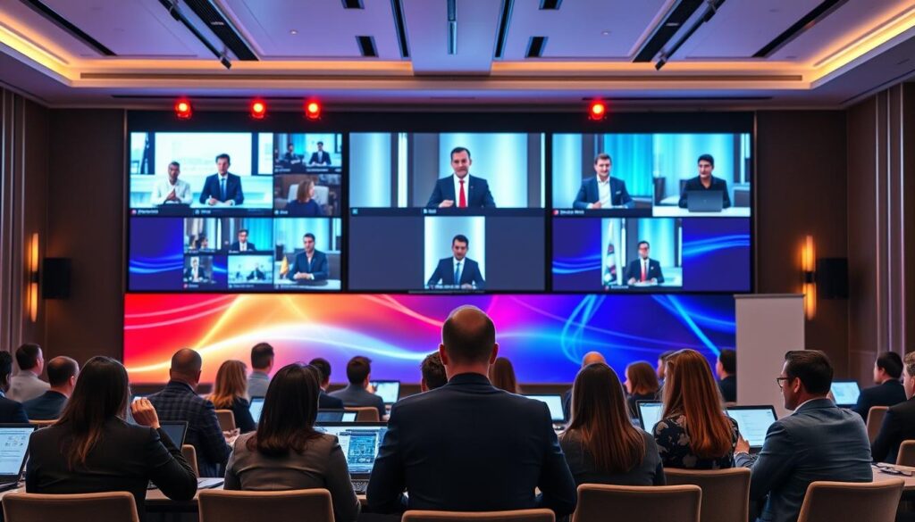 A modern hybrid telecom conference setup, featuring a sleek, virtual platform on large digital screens displaying live streaming sessions. In the foreground, a diverse group of professionals in smart business attire engages with laptops and tablets, projecting an environment of collaboration. The middle layer includes high-tech video monitors, showcasing presenters in remote locations, with rich, vibrant colors and lighting effects that create a dynamic atmosphere. The background reveals a contemporary conference room with elegant furnishings and ambient lighting, emphasizing a seamless blend of in-person and virtual interaction. The scene captures the excitement and professionalism of a hybrid conference, evoking an atmosphere of connectivity and innovation, photographed from a slightly elevated angle for a comprehensive view.