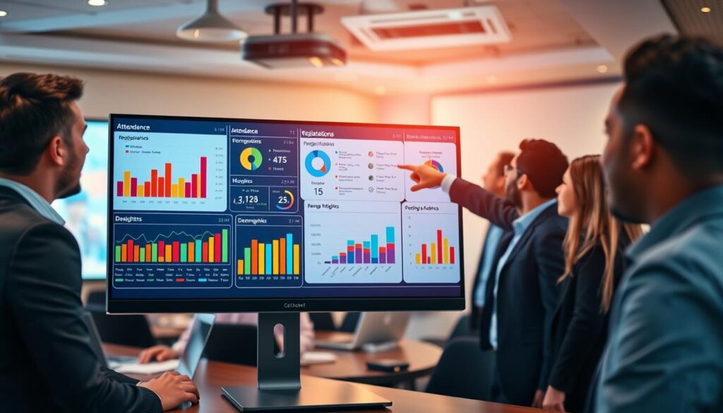 A modern telecom event analysis dashboard displayed on a sleek computer screen. In the foreground, show vivid graphs and charts with data visualizations representing attendance metrics, registration trends, and demographic breakdowns. The middle layer features a diverse group of professionals in business attire discussing insights while pointing at the screen, exuding an atmosphere of collaboration and focus. In the background, a softly blurred conference room filled with modern technology, including projectors and additional screens, enhances the context without distracting from the main subject. Use soft, natural lighting that highlights faces and screen details, shooting from a slightly elevated angle to provide a comprehensive view of the dashboard and the engaged professionals, creating an energetic yet professional mood.