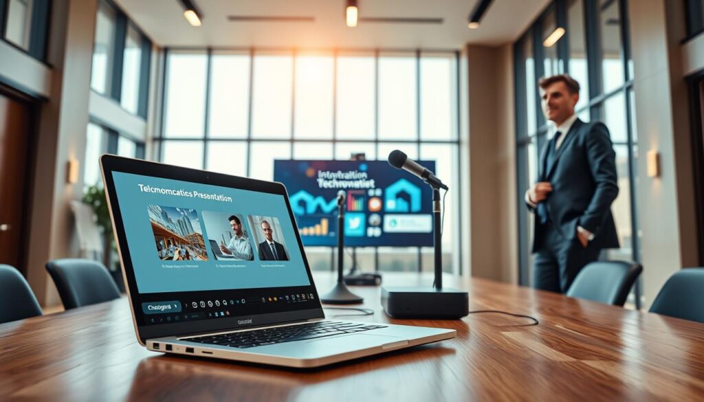 A modern virtual speaker presentation setup in a spacious, well-lit conference room. In the foreground, a sleek laptop sits open on a polished wooden table, displaying a high-definition presentation slide. A professional speaker, dressed in smart business attire, stands confidently next to a large screen showing graphics related to telecommunications technology. In the middle ground, various technology tools are arranged neatly: a high-quality microphone, a digital tablet for audience interaction, and a compact projector. The background features floor-to-ceiling windows allowing natural light to flood in, creating a vibrant atmosphere. Soft, warm lighting enhances the professionalism of the scene, with a slight focus on the speaker’s engagement with invisible virtual attendees. The overall mood is inspiring and dynamic, reflecting the energy of a cutting-edge presentation. A modern virtual speaker presentation setup in a spacious, well-lit conference room. In the foreground, a sleek laptop sits open on a polished wooden table, displaying a high-definition presentation slide. A professional speaker, dressed in smart business attire, stands confidently next to a large screen showing graphics related to telecommunications technology. In the middle ground, various technology tools are arranged neatly: a high-quality microphone, a digital tablet for audience interaction, and a compact projector. The background features floor-to-ceiling windows allowing natural light to flood in, creating a vibrant atmosphere. Soft, warm lighting enhances the professionalism of the scene, with a slight focus on the speaker’s engagement with invisible virtual attendees. The overall mood is inspiring and dynamic, reflecting the energy of a cutting-edge presentation.