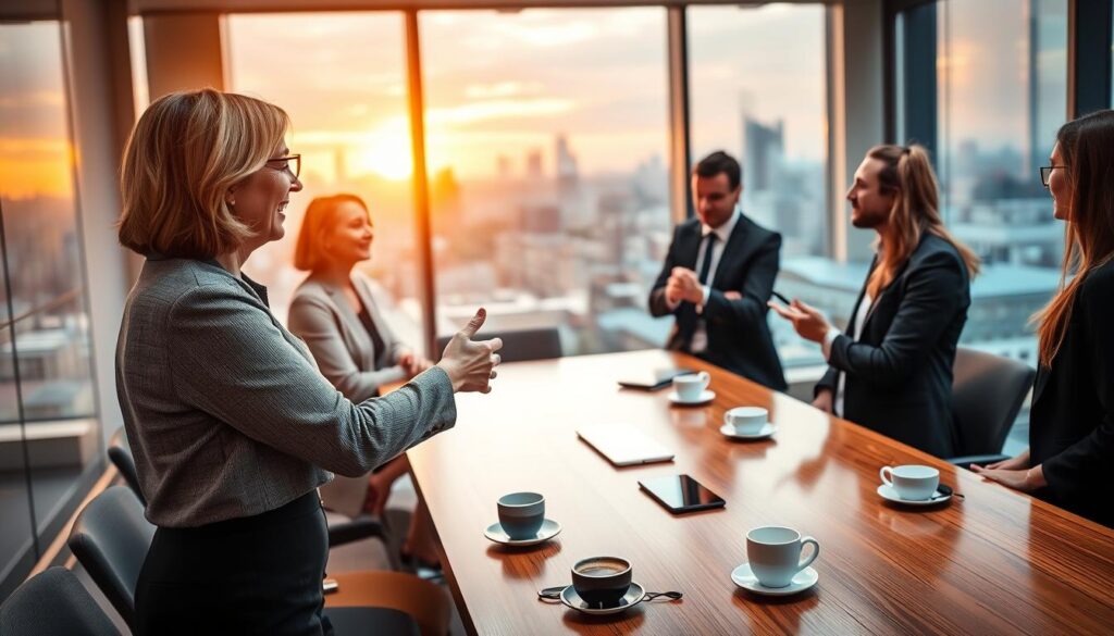 A professional networking event in the telecom sector, featuring a diverse group of business professionals engaged in dynamic discussions. In the foreground, a middle-aged woman in smart business attire enthusiastically shakes hands with a young man, while two other individuals, a man and a woman, listen attentively in the background, all dressed in professional clothing. The middle ground displays a sleek, modern conference table adorned with digital gadgets and coffee cups. Soft, ambient lighting highlights the polished wooden surface and creates a warm atmosphere. In the background, large windows reveal a cityscape skyline, with sunset colors flooding the scene, symbolizing growth and opportunity. The angle captures the camaraderie and collaboration central to executive coaching and networking in the telecommunications industry. A professional networking event in the telecom sector, featuring a diverse group of business professionals engaged in dynamic discussions. In the foreground, a middle-aged woman in smart business attire enthusiastically shakes hands with a young man, while two other individuals, a man and a woman, listen attentively in the background, all dressed in professional clothing. The middle ground displays a sleek, modern conference table adorned with digital gadgets and coffee cups. Soft, ambient lighting highlights the polished wooden surface and creates a warm atmosphere. In the background, large windows reveal a cityscape skyline, with sunset colors flooding the scene, symbolizing growth and opportunity. The angle captures the camaraderie and collaboration central to executive coaching and networking in the telecommunications industry.