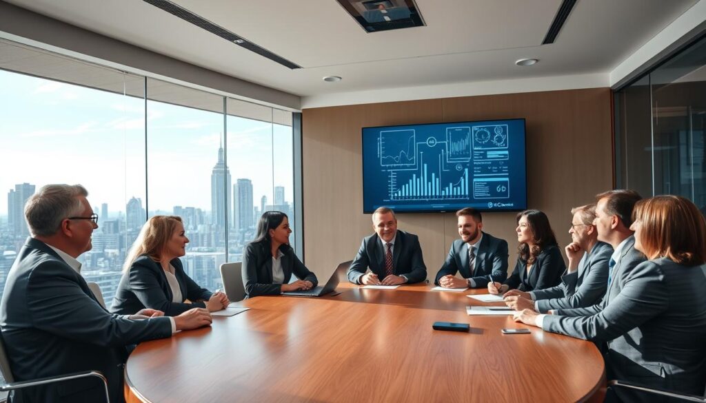 A roundtable discussion scene featuring diverse telecom professionals in a modern conference room. The foreground includes six individuals seated around a sleek, oval wooden table, engaged in animated discussion, dressed in professional business attire. In the middle background, a large window reveals a city skyline, with tall buildings and a clear blue sky, allowing natural light to flood the room, enhancing the atmosphere of collaboration. Glass panels on the walls reflect the dynamic exchange of ideas. A digital screen displays telecom network diagrams and graphs, emphasizing the technical focus of the conversation. The overall mood is vibrant and engaged, reflecting a productive exchange of insights among industry leaders in an upscale setting.