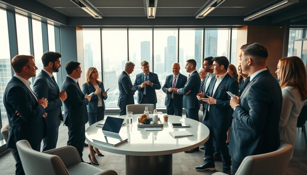 A sophisticated executive networking event set within a modern corporate conference room. In the foreground, a diverse group of professionals in tailored business attire engage in lively discussions, exchanging business cards and ideas. The middle ground features a sleek, round table adorned with digital devices and refreshments, emphasizing collaboration and dialogue. In the background, large windows overlook a bustling cityscape, bathed in warm, natural light that creates an inviting atmosphere. The composition captures the essence of leadership and innovation, with a slight depth of field focusing on the interactions while softly blurring the background. The mood is dynamic and engaging, illustrating a vibrant networking experience among telecom professionals.