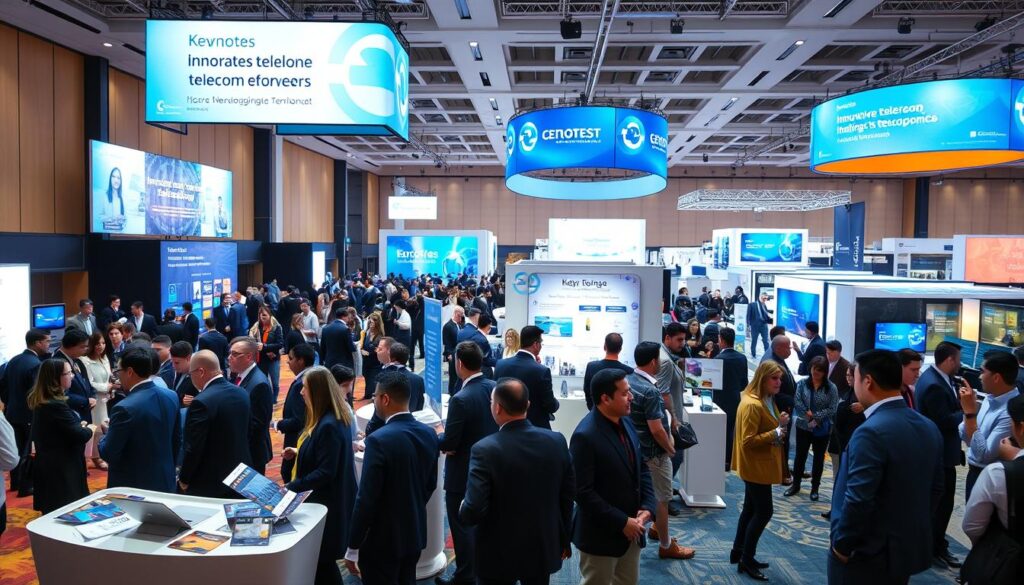 A vibrant, bustling telecom conference scene highlighting professionals engaged in networking and discussion. In the foreground, a diverse group of attendees in professional business attire gather around a sleek registration desk adorned with brochures and event materials. The middle ground features a well-organized exhibition area with booths showcasing innovative telecom technology, where participants are interacting with displays. In the background, large digital screens display keynotes and event schedules, while energetic lighting illuminates the space, creating an inviting atmosphere. Capture the excitement and camaraderie of professional development in this engaging environment, using a wide-angle lens to emphasize the dynamic interactions and technological advancements, conveying a sense of opportunity and growth.