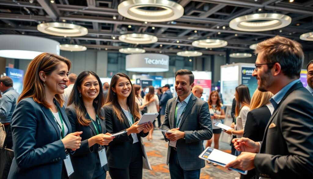 A vibrant networking event in a modern conference hall, showcasing diverse professionals engaged in structured conversations. In the foreground, a group of four attendees in professional business attire—two women and two men—are exchanging business cards and discussing ideas enthusiastically, with smiles and animated gestures. The middle ground features additional small groups participating in discussions with visual materials like brochures and digital devices. The background is filled with exhibition booths showcasing telecommunications technology, adorned with banners and bright lighting. Soft, natural lighting from above illuminates the scene, creating a warm and inviting atmosphere. The composition is captured at eye level, emphasizing connections and engagement, while the overall mood conveys collaboration, opportunity, and innovation in communication. A vibrant networking event in a modern conference hall, showcasing diverse professionals engaged in structured conversations. In the foreground, a group of four attendees in professional business attire—two women and two men—are exchanging business cards and discussing ideas enthusiastically, with smiles and animated gestures. The middle ground features additional small groups participating in discussions with visual materials like brochures and digital devices. The background is filled with exhibition booths showcasing telecommunications technology, adorned with banners and bright lighting. Soft, natural lighting from above illuminates the scene, creating a warm and inviting atmosphere. The composition is captured at eye level, emphasizing connections and engagement, while the overall mood conveys collaboration, opportunity, and innovation in communication.