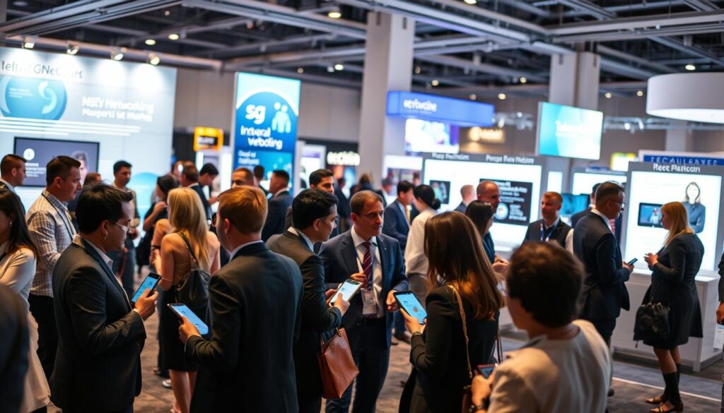 A vibrant telecommunications conference setting showcasing several networking panels. In the foreground, a diverse group of professional individuals in business attire are engaged in dynamic conversations, using digital devices like tablets and smartphones to share information. The middle ground features sleek, modern telecom panels displaying various networking opportunities, illuminated by soft, warm lighting that creates an inviting atmosphere. In the background, a stylishly designed exhibition area with informative banners and tech displays can be seen, enhancing the professional ambiance. The scene captures a sense of collaboration and innovation, with subtle depth of field to focus on the panelists while fading the background slightly, giving a dynamic yet polished look to the event. A vibrant telecommunications conference setting showcasing several networking panels. In the foreground, a diverse group of professional individuals in business attire are engaged in dynamic conversations, using digital devices like tablets and smartphones to share information. The middle ground features sleek, modern telecom panels displaying various networking opportunities, illuminated by soft, warm lighting that creates an inviting atmosphere. In the background, a stylishly designed exhibition area with informative banners and tech displays can be seen, enhancing the professional ambiance. The scene captures a sense of collaboration and innovation, with subtle depth of field to focus on the panelists while fading the background slightly, giving a dynamic yet polished look to the event.